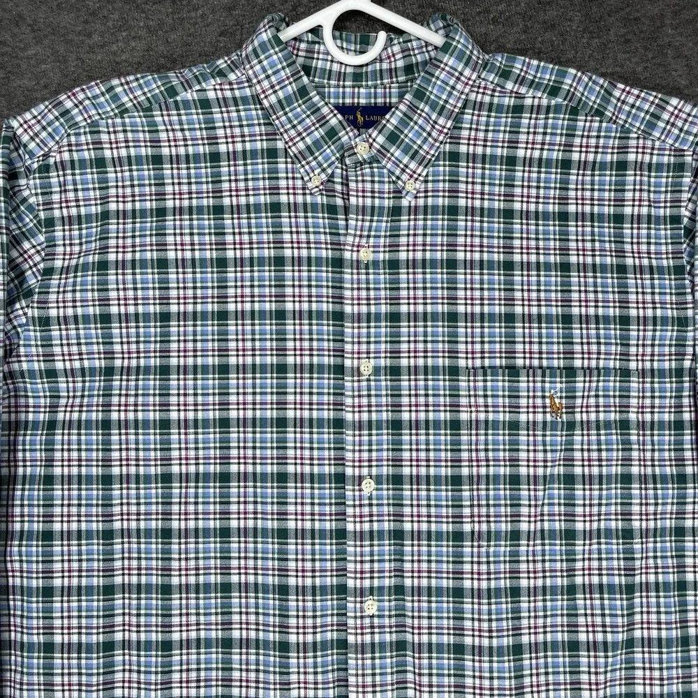 Polo Ralph Lauren Oxford Shirt Mens 3XLT Green Blue Plaid Flesh pony Long Sleeve